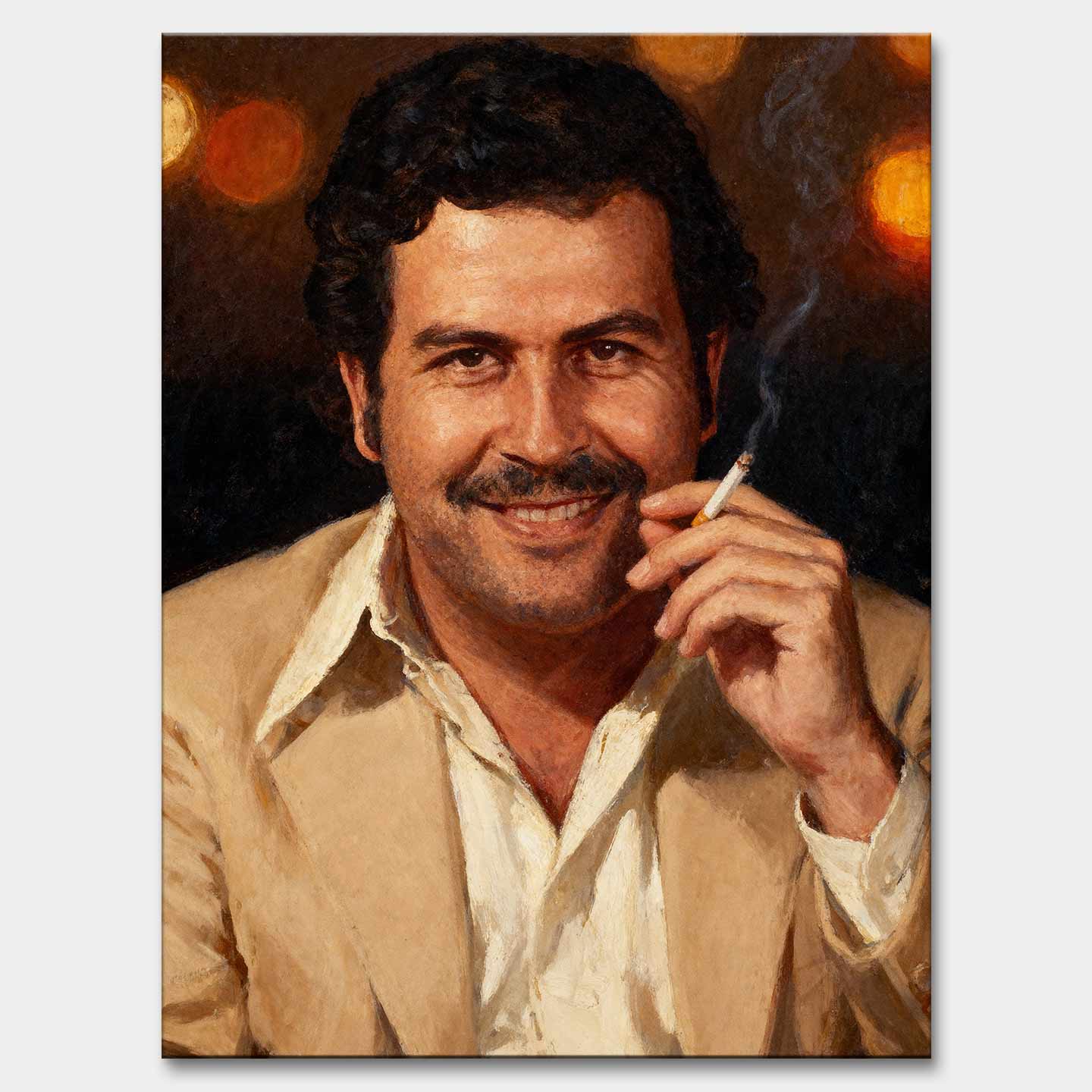Obraz na płótnie „Pablo Portrait” – portret Pablo Escobara w beżowej marynarce z papierosem, symbol siły i odwagi.