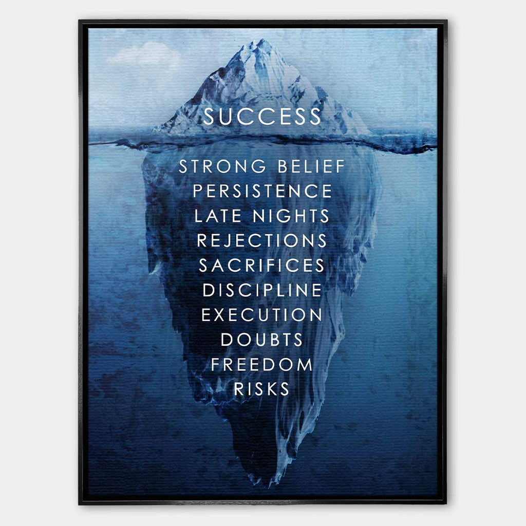 Motywacyjny obraz na płótnie Iceberg of Success marki Huephant. Wydruk galeryjny przedstawiający górę lodową sukcesu w czarnej ramie, sztuka nowoczesna do biura.