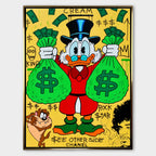 Obraz Sknerus McKwacz - Obraz na płótnie „Money Duck” ze Sknerusem McKwaczem trzymającym dwa wielkie worki pieniędzy na tle graffiti z symbolami dolara – motywacyjna sztuka street-art w żywych kolorach.