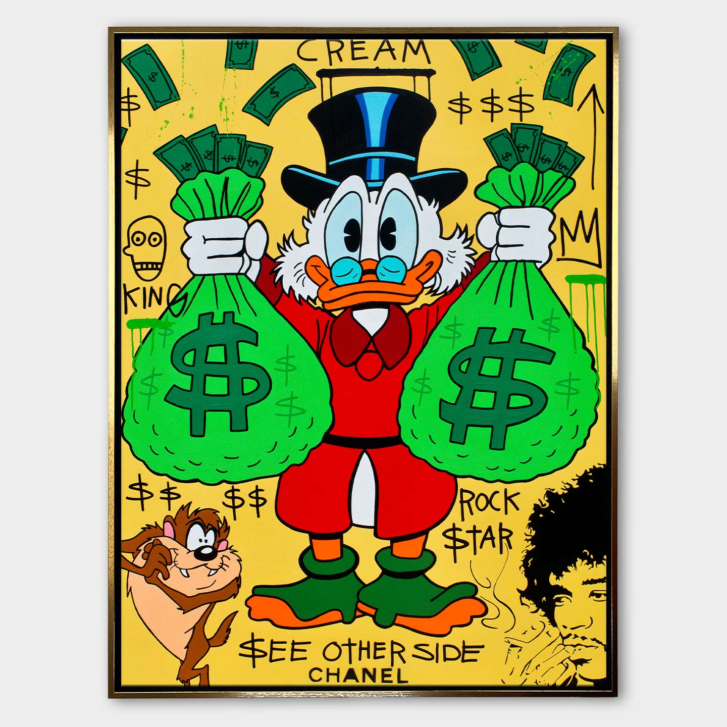 Obraz Sknerus McKwacz - Obraz na płótnie „Money Duck” ze Sknerusem McKwaczem trzymającym dwa wielkie worki pieniędzy na tle graffiti z symbolami dolara – motywacyjna sztuka street-art w żywych kolorach.
