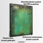 Abstrakcyjny obraz na płótnie w odcieniach zieleni i turkusu, inspirowany efektem spatynowanego metalu, zatytułowany „Verdant Patina” – nowoczesna dekoracja ścienna z teksturą i złotymi akcentami.