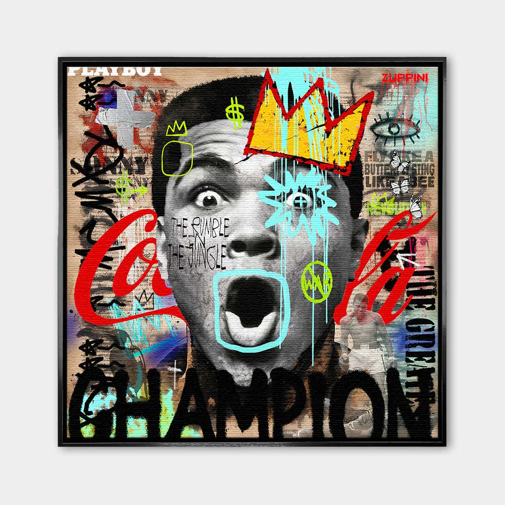 Obraz na płótnie Ali Champion. Nowoczesna sztuka pop-art z Muhammadem Alim w koronie. Ekskluzywny wydruk galeryjny, motywacyjne graffiti.