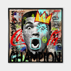 Obraz na płótnie Ali Champion. Nowoczesna sztuka pop-art z Muhammadem Alim w koronie. Ekskluzywny wydruk galeryjny, motywacyjne graffiti.