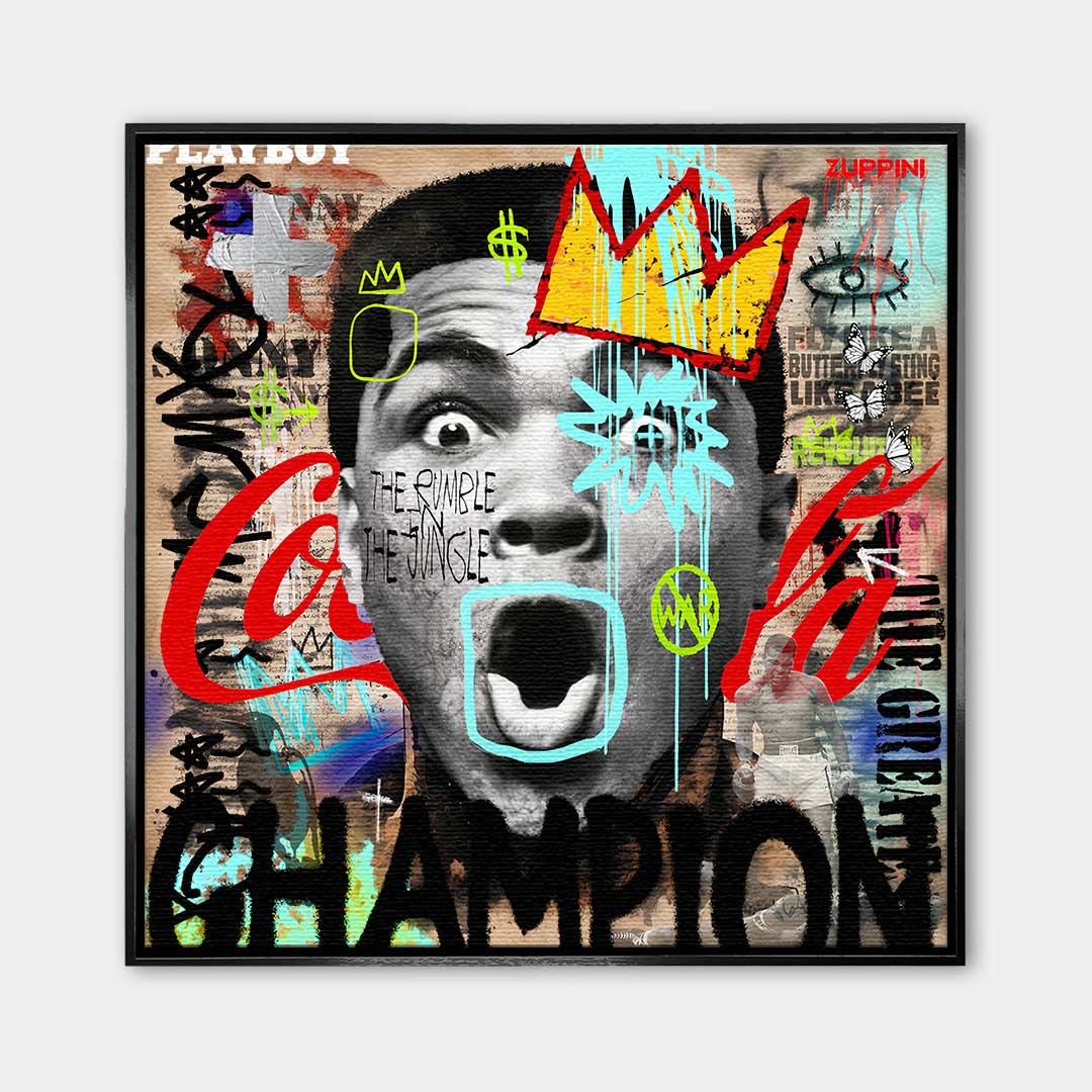 Obraz na płótnie Ali Champion. Nowoczesna sztuka pop-art z Muhammadem Alim w koronie. Ekskluzywny wydruk galeryjny, motywacyjne graffiti.