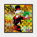 Obraz na płótnie Scrooge Cash. Nowoczesna sztuka i wydruk galeryjny pop-art ze Sknerusem McKwaczem, plikiem banknotów, graffiti i luksusowym monogramem.