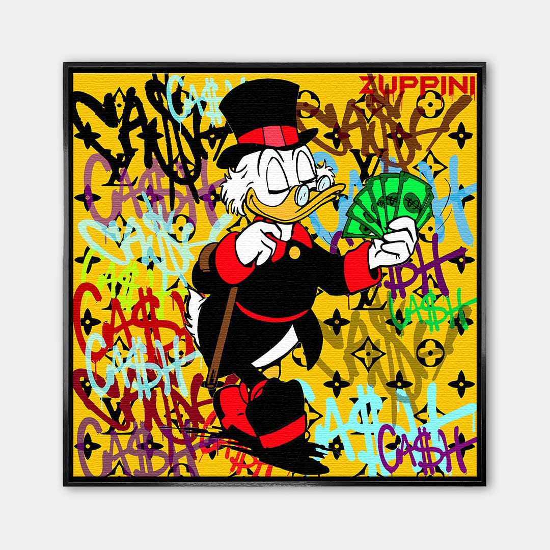Obraz na płótnie Scrooge Cash. Nowoczesna sztuka i wydruk galeryjny pop-art ze Sknerusem McKwaczem, plikiem banknotów, graffiti i luksusowym monogramem.
