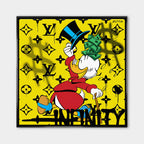 Obraz na płótnie Scrooge Infinity. Nowoczesna sztuka i wydruk galeryjny pop-art ze Sknerusem McKwaczem, plikiem banknotów pod cylindrem i luksusowym tłem.