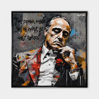 Obraz na płótnie Godfather Offer. Nowoczesna sztuka i wydruk galeryjny z portretem Ojca Chrzestnego i kultowym cytatem o ofercie nie do odrzucenia.