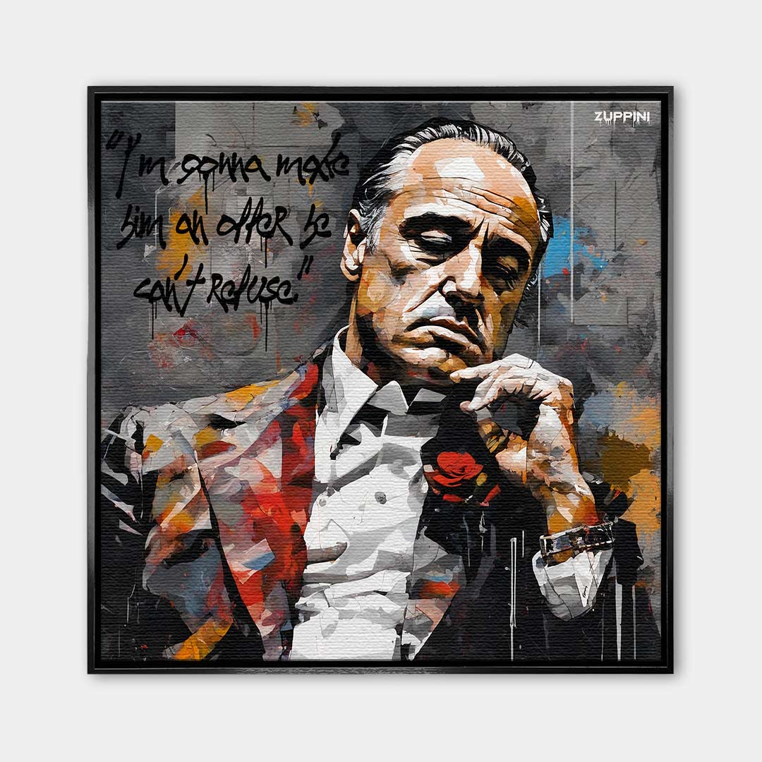 Obraz na płótnie Godfather Offer. Nowoczesna sztuka i wydruk galeryjny z portretem Ojca Chrzestnego i kultowym cytatem o ofercie nie do odrzucenia.