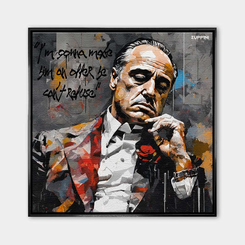 Obraz na płótnie Godfather Offer. Nowoczesna sztuka i wydruk galeryjny z portretem Ojca Chrzestnego i kultowym cytatem o ofercie nie do odrzucenia.