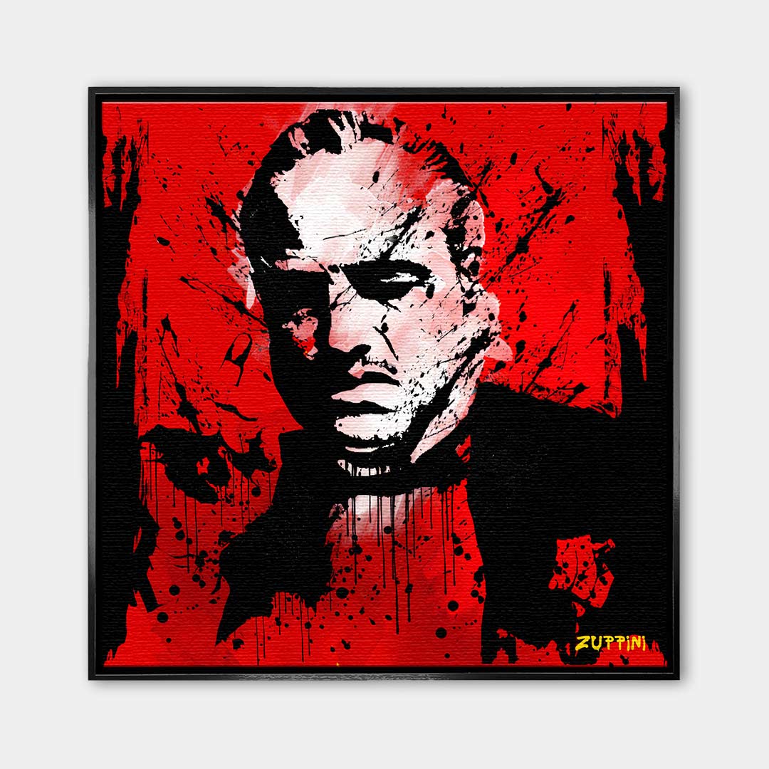 Obraz na płótnie Godfather Red, portret Don Vito Corleone w stylu pop-art i graffiti, czerwone tło, wydruk galeryjny Huephant, limitowana edycja 84 sztuk.