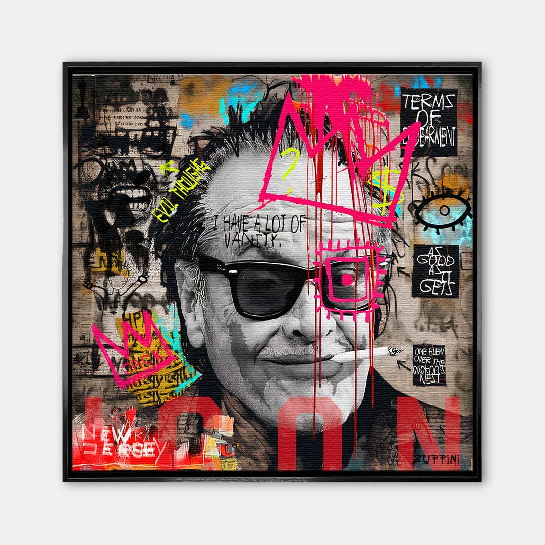 Obraz na płótnie Jack Nicholson styl pop-art street art, wydruk galeryjny czarno-biały z neonową koroną, sztuka nowoczesna limitowana edycja do salonu.