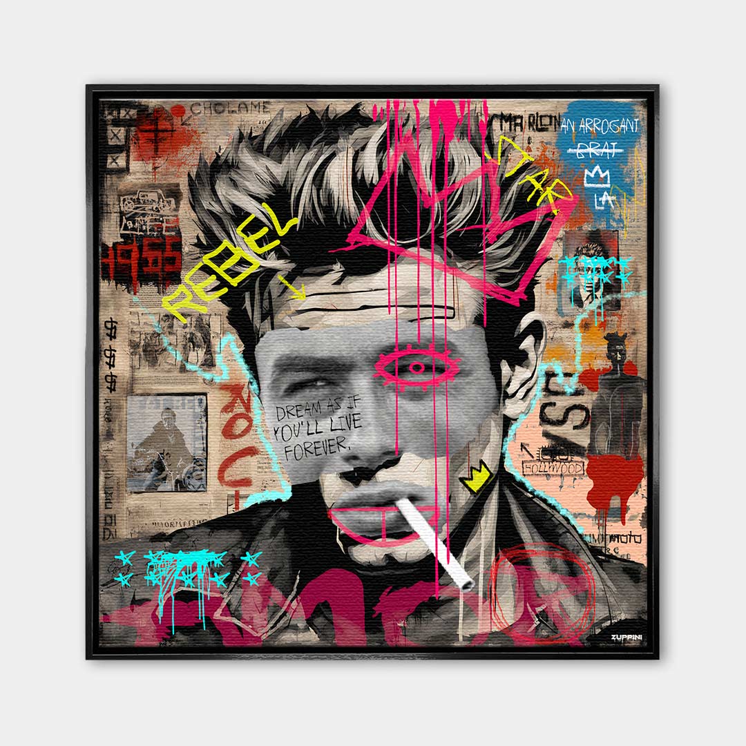 Nowoczesny obraz na płótnie James Dean Rebel, wydruk galeryjny w stylu pop-art i graffiti, portret aktora z napisem Dream as if you'll live forever, marka Huephant, limitowana edycja.