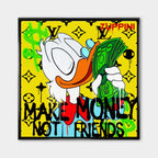 Obraz na płótnie Make Money Not Friends. Nowoczesna sztuka i wydruk galeryjny pop-art ze Sknerusem McKwaczem, plikiem banknotów i monogramem luksusowej marki.
