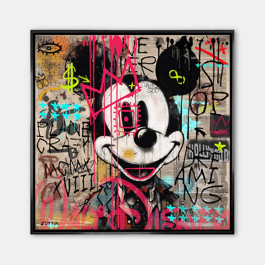 Obraz na płótnie Mickey w stylu pop-art i street-art z różową koroną. Nowoczesny wydruk galeryjny i limitowana sztuka motywacyjna do biura lub salonu.
