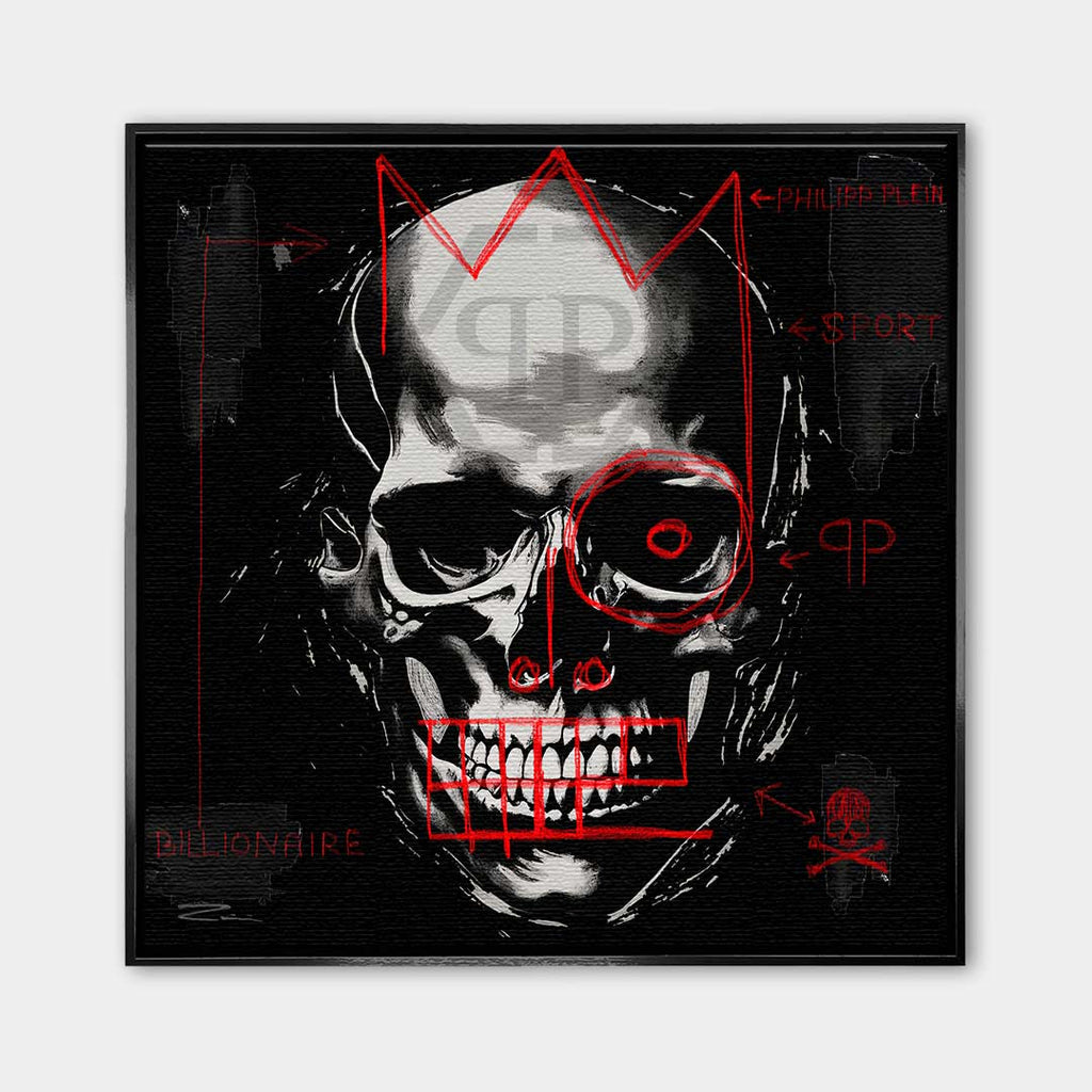 Nowoczesny obraz na płótnie Philipp Plein Billionaire. Mroczny wydruk galeryjny z czaszką i czerwonym graffiti, luksusowa sztuka do biura i salonu.