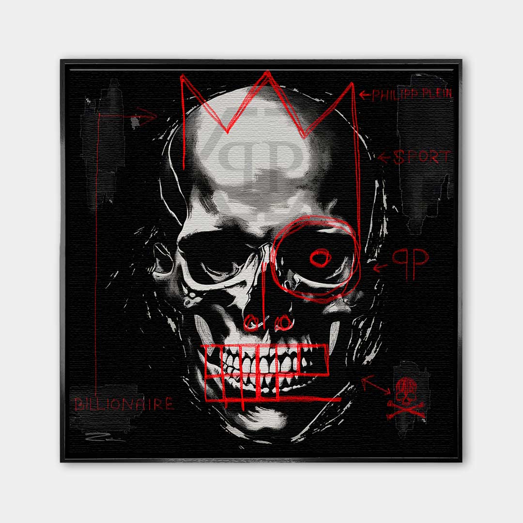Nowoczesny obraz na płótnie Philipp Plein Billionaire. Mroczny wydruk galeryjny z czaszką i czerwonym graffiti, luksusowa sztuka do biura i salonu.