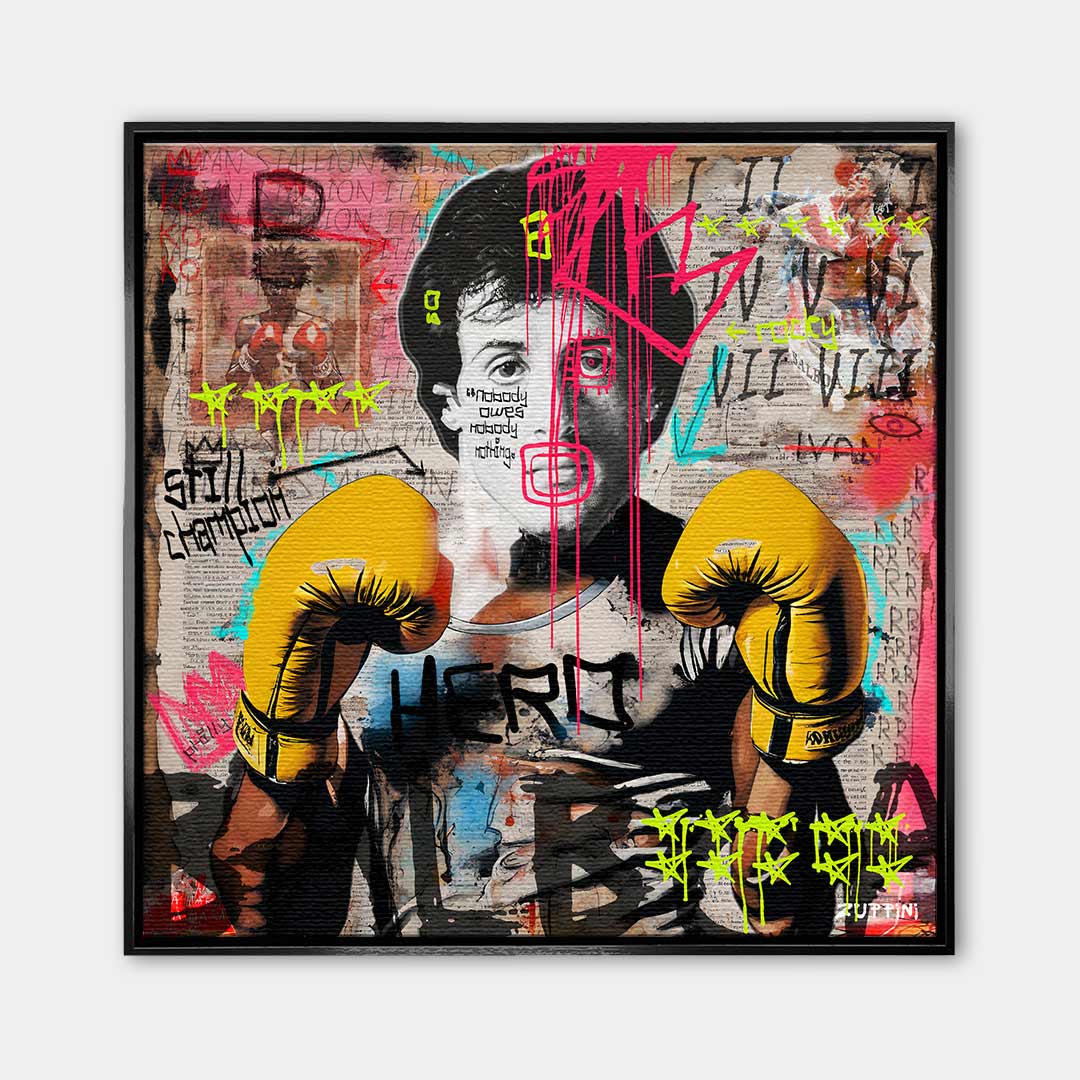 Nowoczesny obraz na płótnie Rocky Balboa. Motywacyjny wydruk galeryjny w stylu street art i pop art, idealna sztuka do biura, salonu lub domowej siłowni.