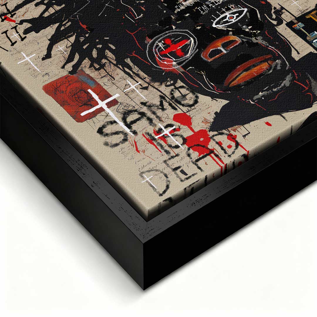 Obraz na płótnie Black Legend, wydruk galeryjny w stylu Jean-Michel Basquiat, nowoczesna sztuka neoekspresjonistyczna, czarny portret graffiti, marka Huephant.