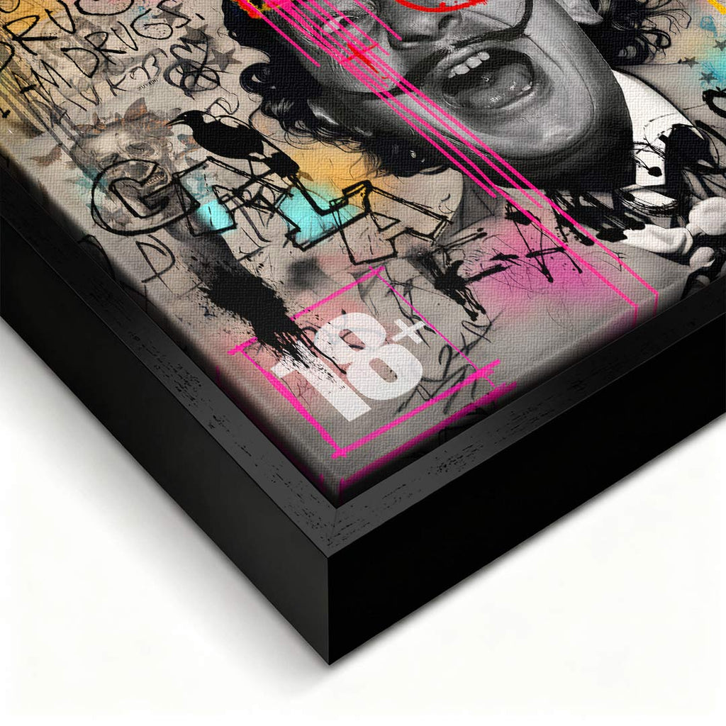 Nowoczesny obraz na płótnie Dali Manifest, wydruk galeryjny pop-art, czarno-biały portret Salvadora Dali z kolorowym graffiti, marka Huephant, limitowana edycja.