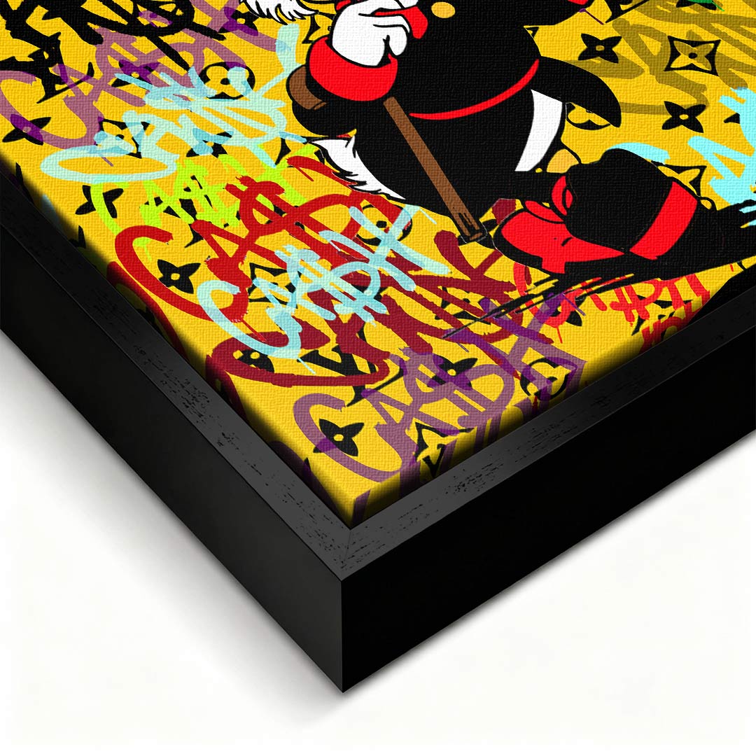Obraz na płótnie Scrooge Cash. Nowoczesna sztuka i wydruk galeryjny pop-art ze Sknerusem McKwaczem, plikiem banknotów, graffiti i luksusowym monogramem.