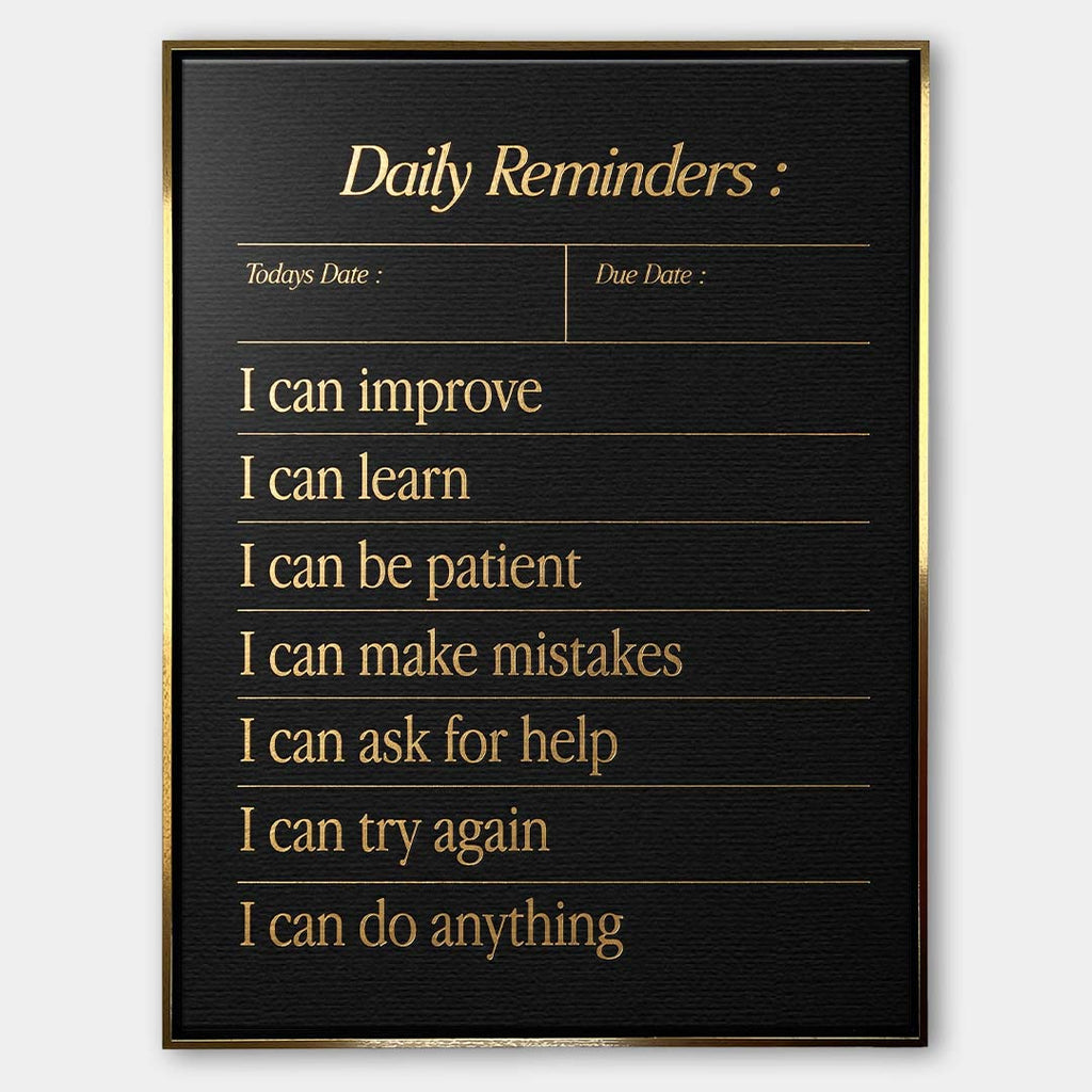 Czarno-złoty obraz na płótnie z motywacyjnymi napisami Daily Reminders do biura, wydruk galeryjny, sztuka nowoczesna.