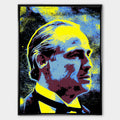Obraz na płótnie Godfather w stylu pop-art z wizerunkiem Ojca Chrzestnego w intensywnych kolorach żółci, błękitu i czerni.