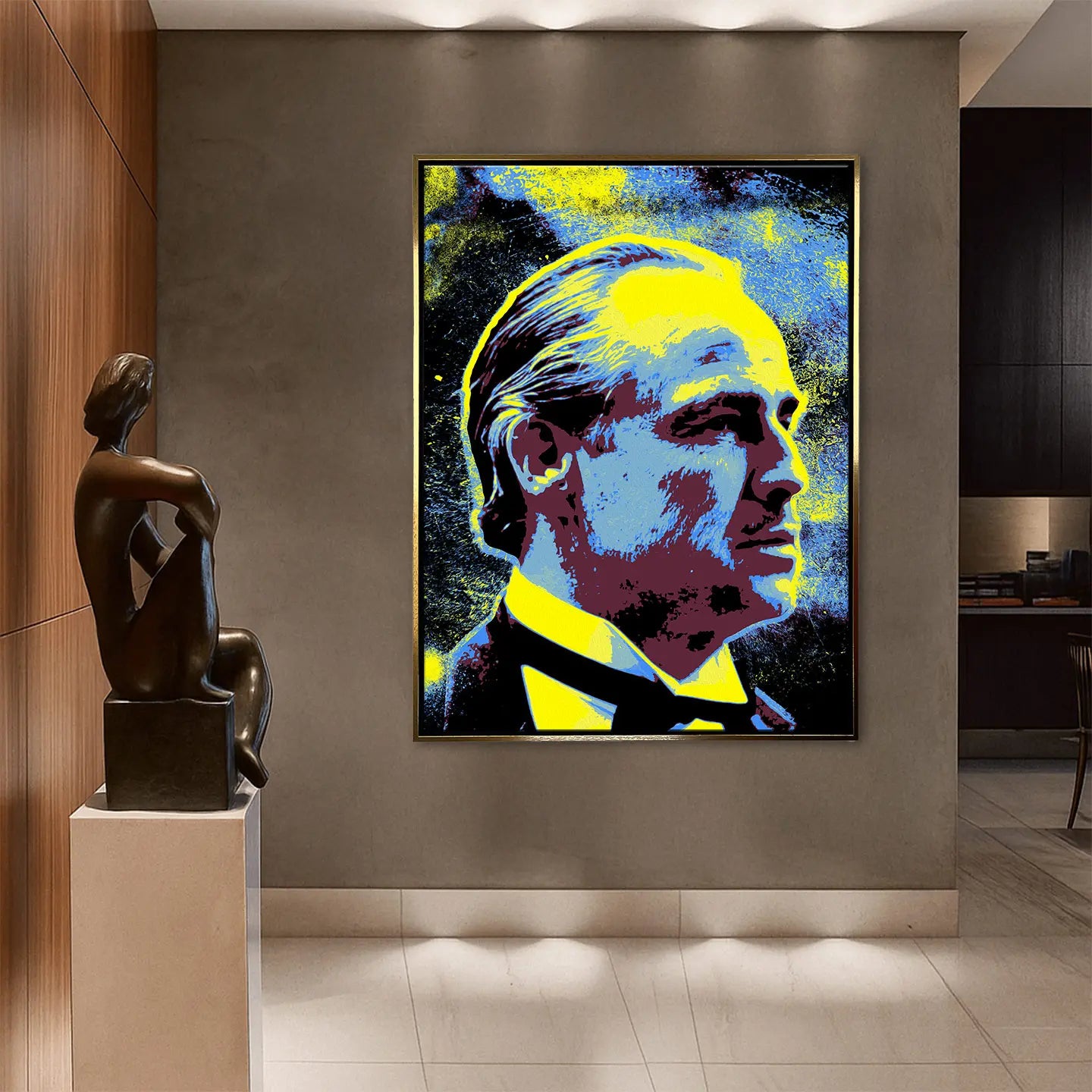 Obraz na płótnie Godfather w stylu pop-art z wizerunkiem Ojca Chrzestnego w intensywnych kolorach żółci, błękitu i czerni.