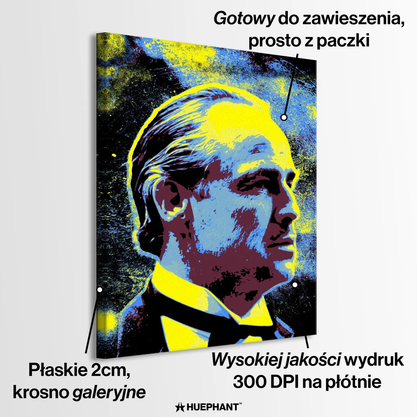 Obraz na płótnie Godfather w stylu pop-art z wizerunkiem Ojca Chrzestnego w intensywnych kolorach żółci, błękitu i czerni.