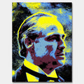 Obraz na płótnie Godfather w stylu pop-art z wizerunkiem Ojca Chrzestnego w intensywnych kolorach żółci, błękitu i czerni.