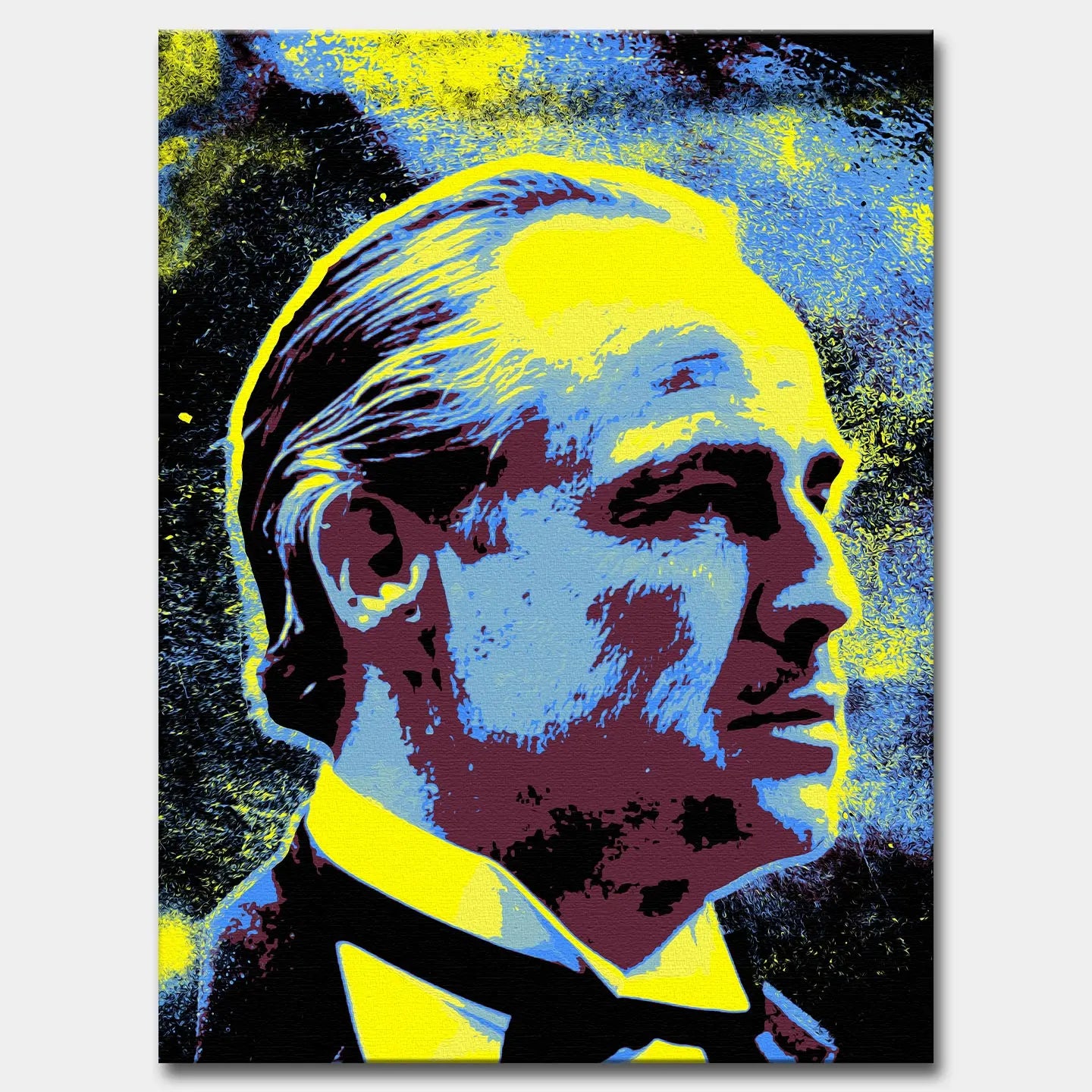 Obraz na płótnie Godfather w stylu pop-art z wizerunkiem Ojca Chrzestnego w intensywnych kolorach żółci, błękitu i czerni.