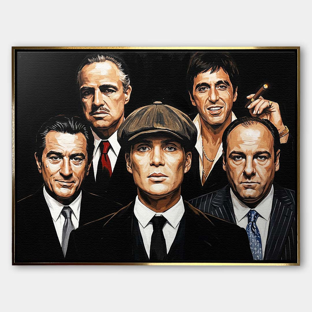 Obraz na płótnie Gnagsters 5 Legendy Gangsterskiego Kina marki Huephant. Wydruk galeryjny przedstawiający portrety pięciu filmowych gangsterów.