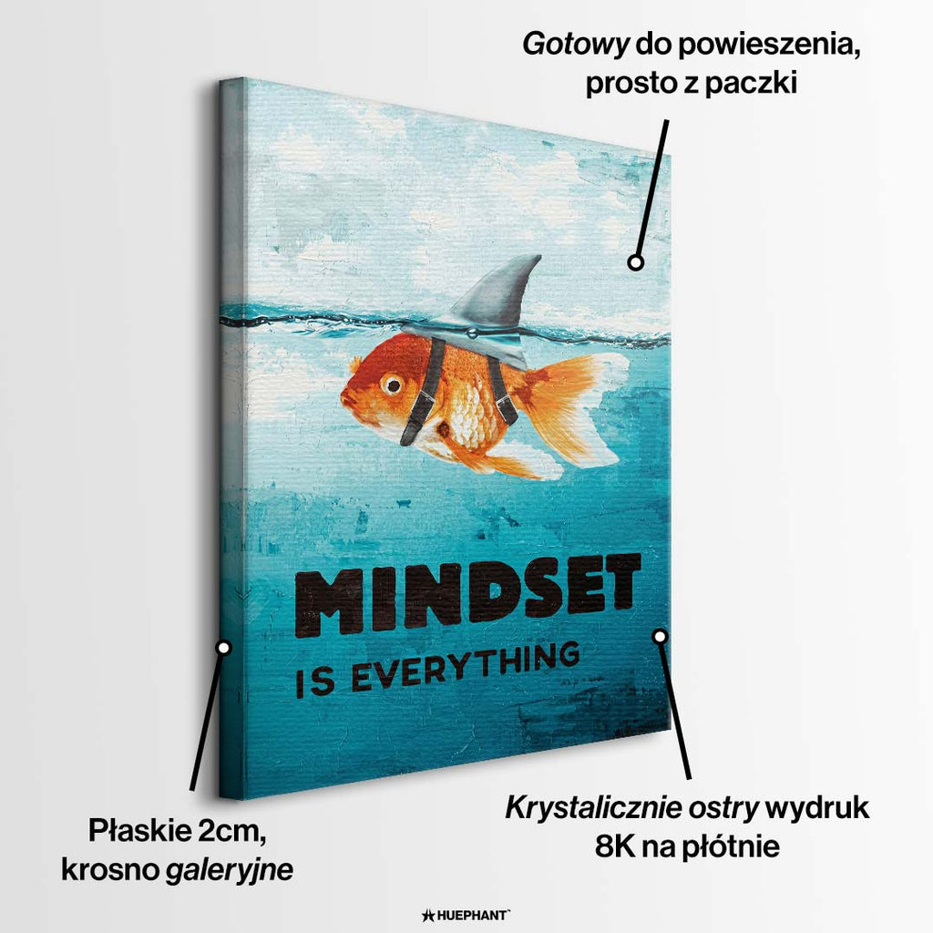 Obraz na płótnie przedstawiający złotą rybkę z płetwą rekina i napisem Mindset Is Everything, wydruk galeryjny, sztuka nowoczesna.