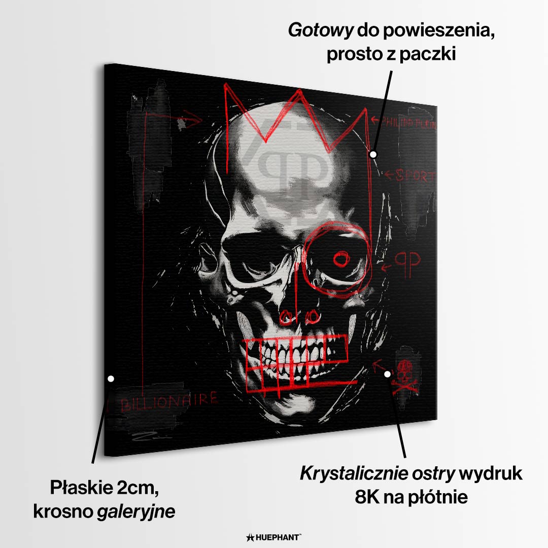 Nowoczesny obraz na płótnie Philipp Plein Billionaire. Mroczny wydruk galeryjny z czaszką i czerwonym graffiti, luksusowa sztuka do biura i salonu.