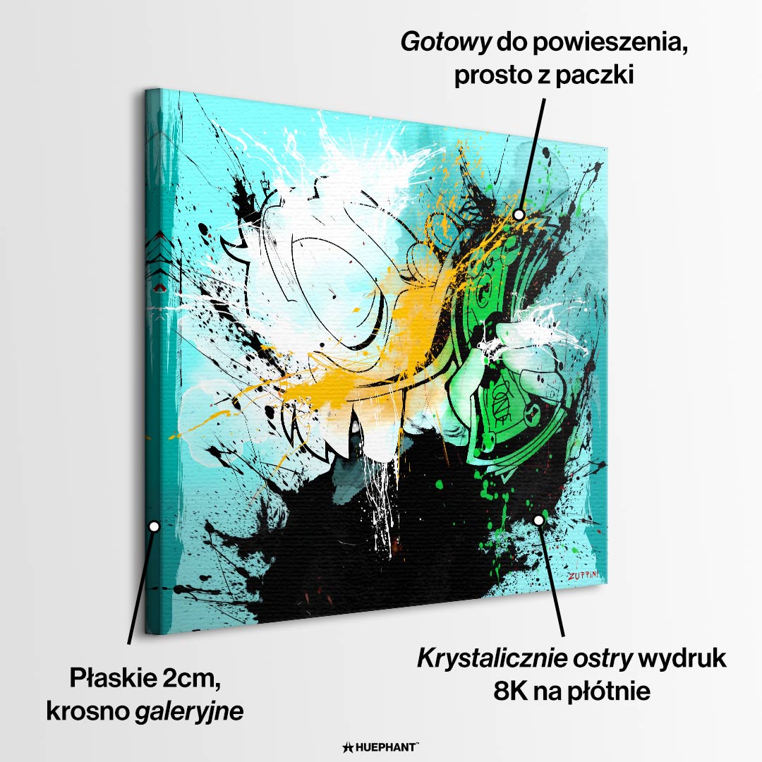 Nowoczesny obraz na płótnie Duck Cash Splatter, wydruk galeryjny pop-art, postać kaczki trzymającej gotówkę w stylu graffiti, marka Huephant, limitowana edycja 84 sztuk.