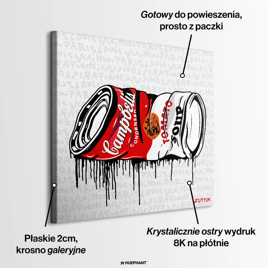 Obraz na płótnie Crushed Campbell's. Nowoczesna sztuka i wydruk galeryjny pop-art przedstawiający zgniecioną puszkę z kapiącą farbą na luksusowym tle.