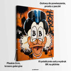 Nowoczesny obraz na płótnie Sknerus McKwacz HODL Duck, pop-art z symbolem Bitcoin w oczach i graffiti, wydruk galeryjny, sztuka nowoczesna na pomarańczowym tle.