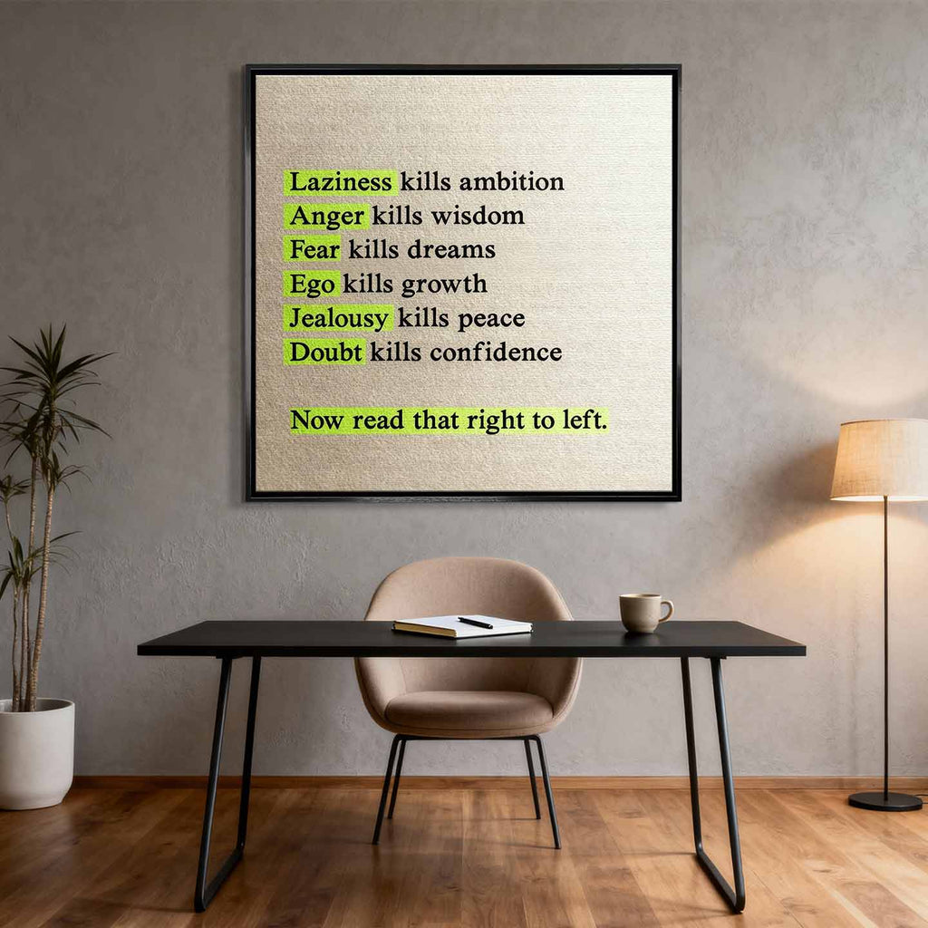 Motywacyjny obraz na płótnie Perspective Shift – cytat o lenistwie, strachu i pewności siebie z ukrytym przesłaniem, symbol kreatywnego myślenia i rozwoju.