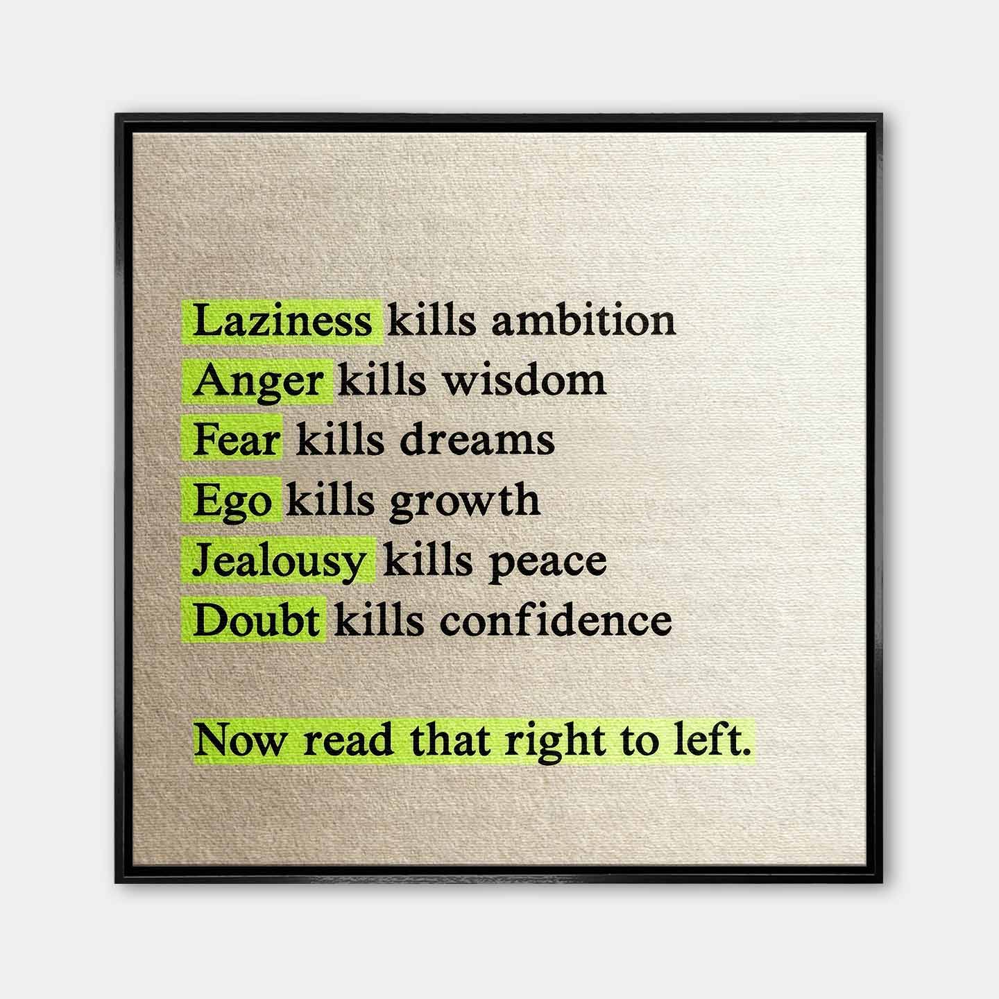 Motywacyjny obraz na płótnie Perspective Shift – cytat o lenistwie, strachu i pewności siebie z ukrytym przesłaniem, symbol kreatywnego myślenia i rozwoju.