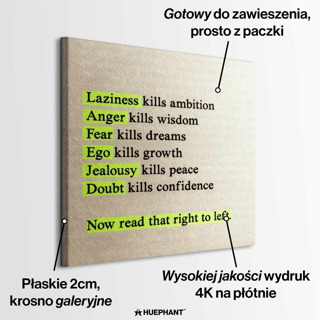 Motywacyjny obraz na płótnie Perspective Shift – cytat o lenistwie, strachu i pewności siebie z ukrytym przesłaniem, symbol kreatywnego myślenia i rozwoju.