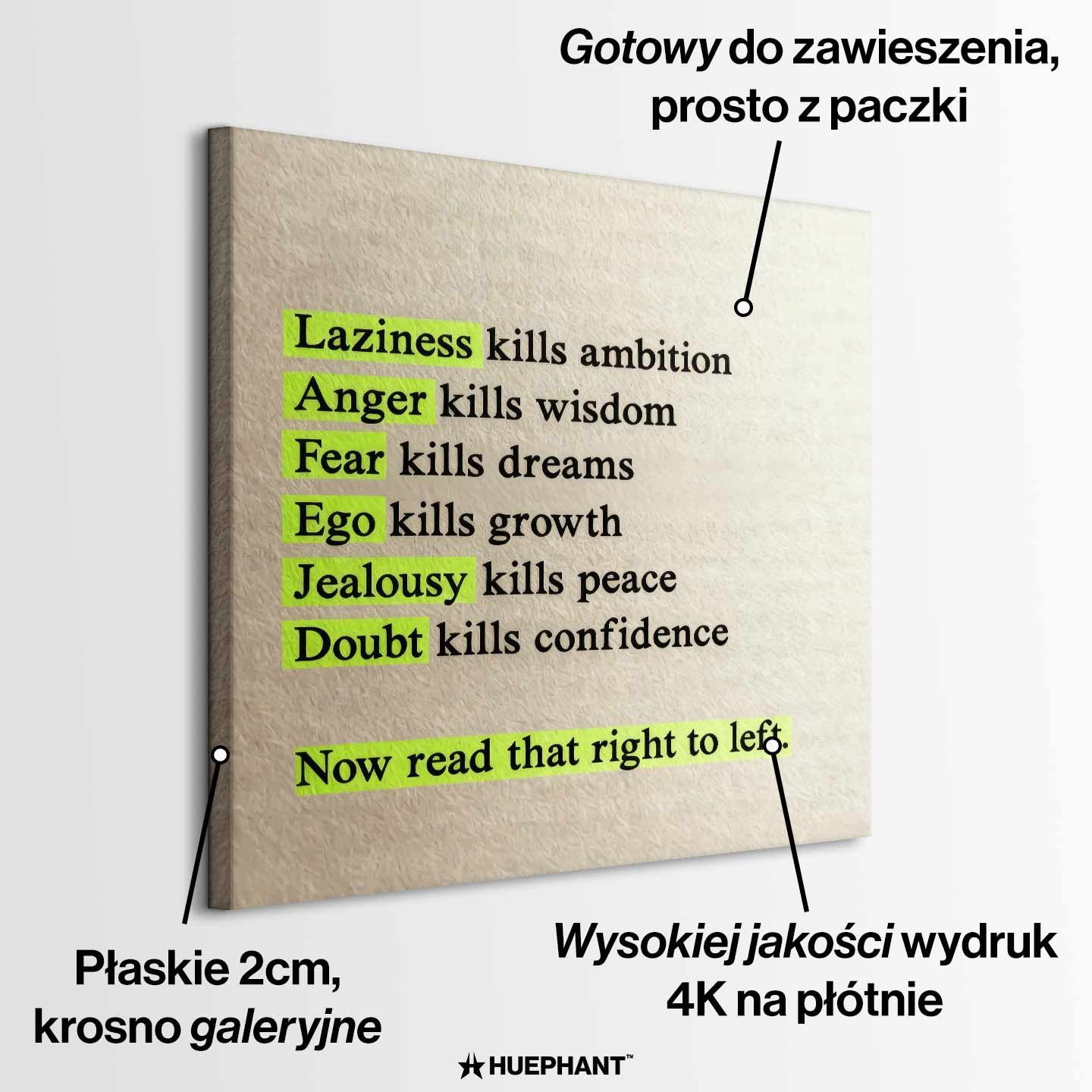 Motywacyjny obraz na płótnie Perspective Shift – cytat o lenistwie, strachu i pewności siebie z ukrytym przesłaniem, symbol kreatywnego myślenia i rozwoju.