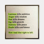 Motywacyjny obraz na płótnie Perspective Shift – cytat o lenistwie, strachu i pewności siebie z ukrytym przesłaniem, symbol kreatywnego myślenia i rozwoju.