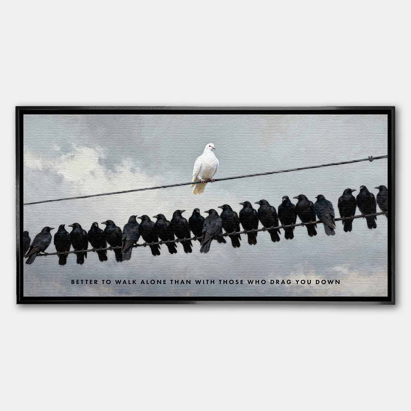 motywacyjny Obraz na płótnie Better to Walk Alone – biała gołębica pośród czarnych ptaków, symbol niezależności i siły charakteru, sztuka Huephant.