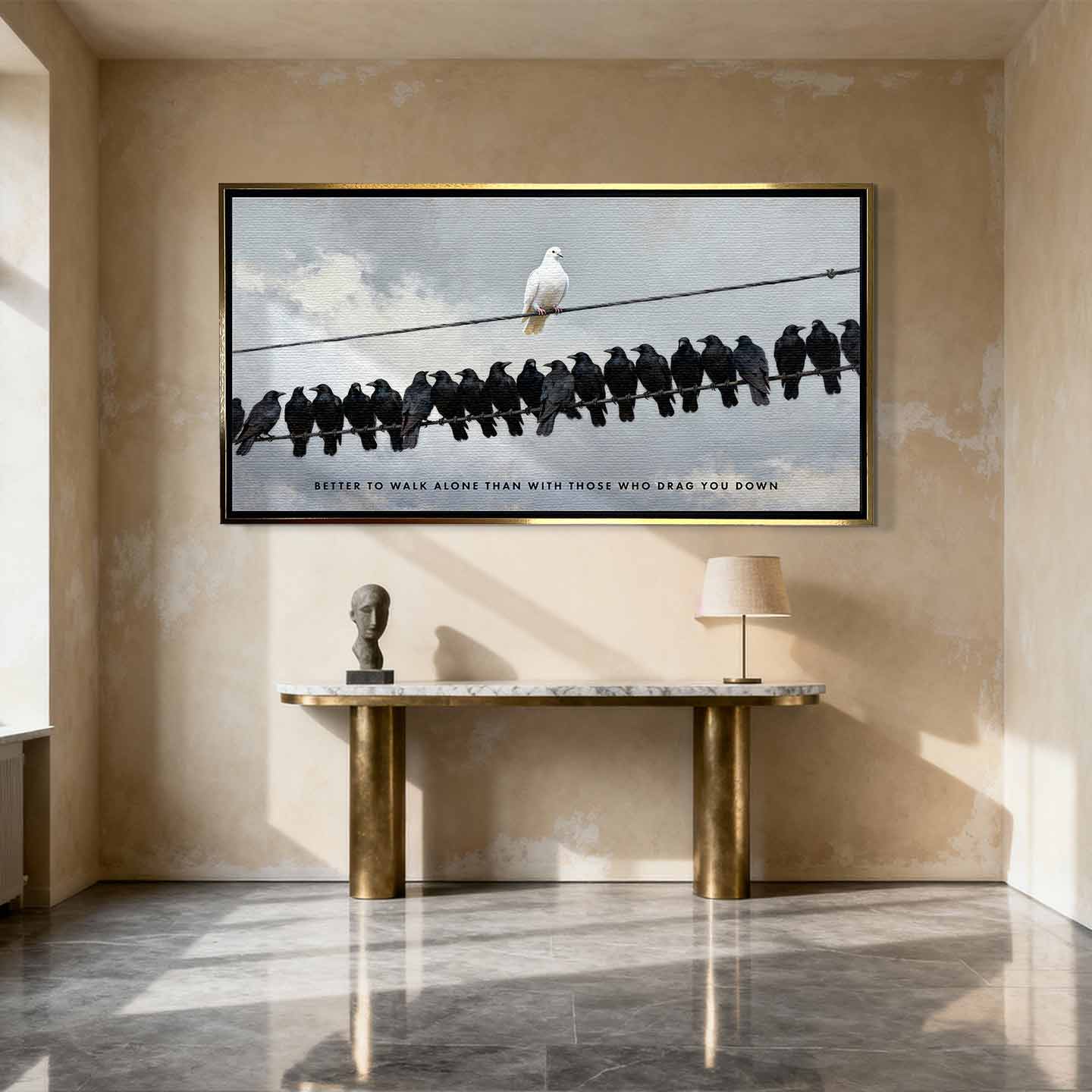 motywacyjny Obraz na płótnie Better to Walk Alone – biała gołębica pośród czarnych ptaków, symbol niezależności i siły charakteru, sztuka Huephant.