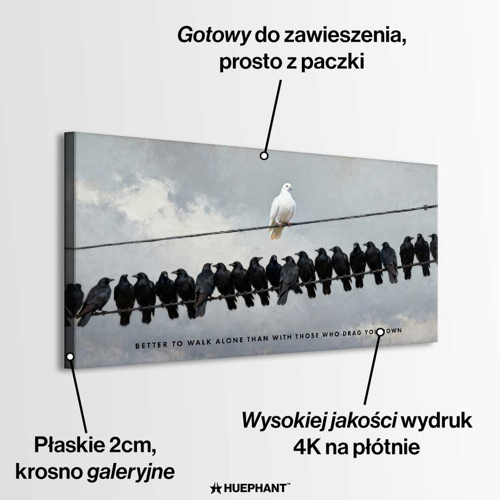 motywacyjny Obraz na płótnie Better to Walk Alone – biała gołębica pośród czarnych ptaków, symbol niezależności i siły charakteru, sztuka Huephant.