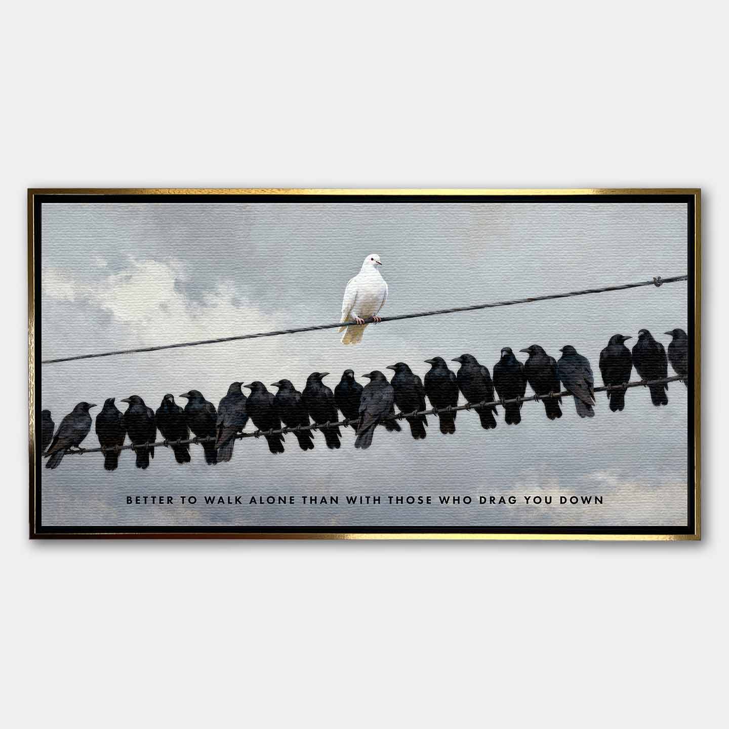 motywacyjny Obraz na płótnie Better to Walk Alone – biała gołębica pośród czarnych ptaków, symbol niezależności i siły charakteru, sztuka Huephant.