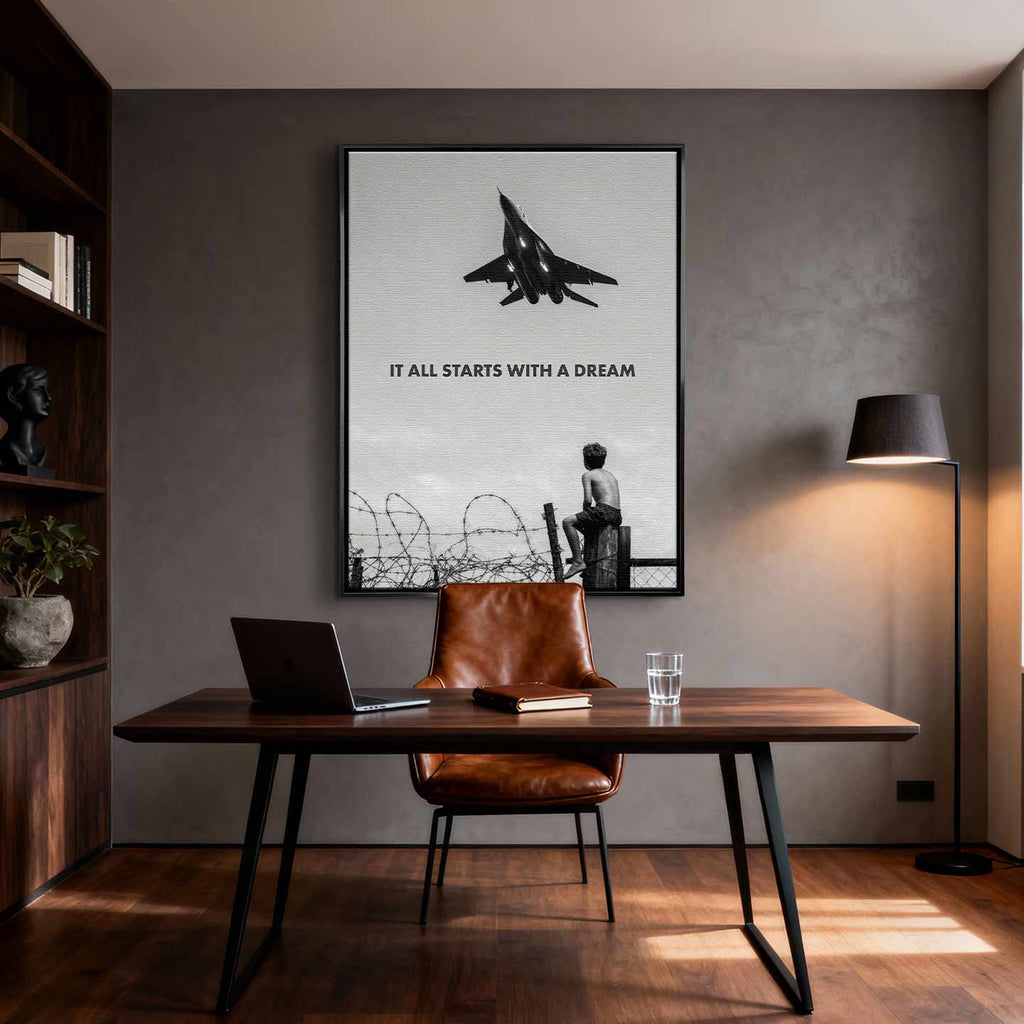 Motywacyjny obraz na płótnie It All Starts With a Dream przedstawiający chłopca patrzącego na samolot, symbolizujący początek marzeń i dążenie do sukcesu.