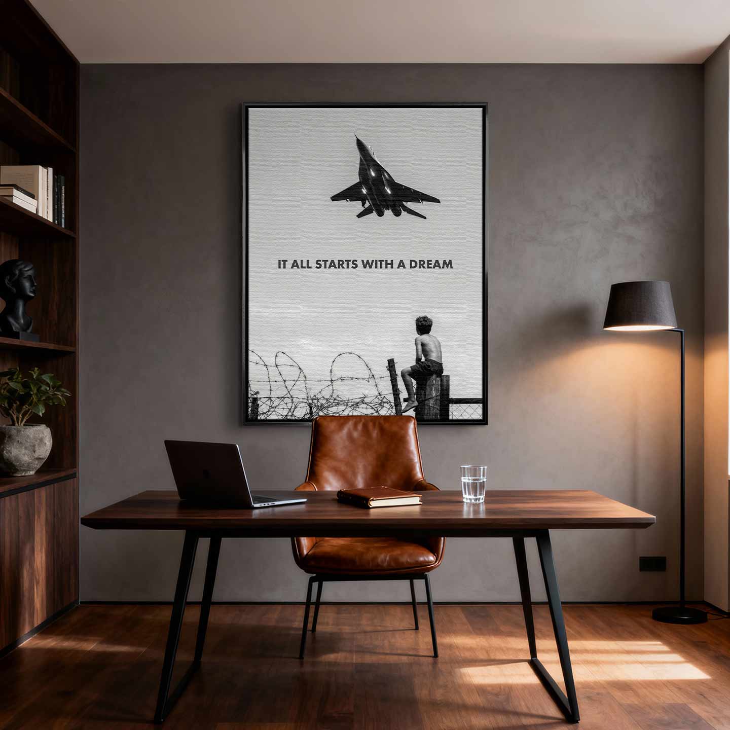 Motywacyjny obraz na płótnie It All Starts With a Dream przedstawiający chłopca patrzącego na samolot, symbolizujący początek marzeń i dążenie do sukcesu.