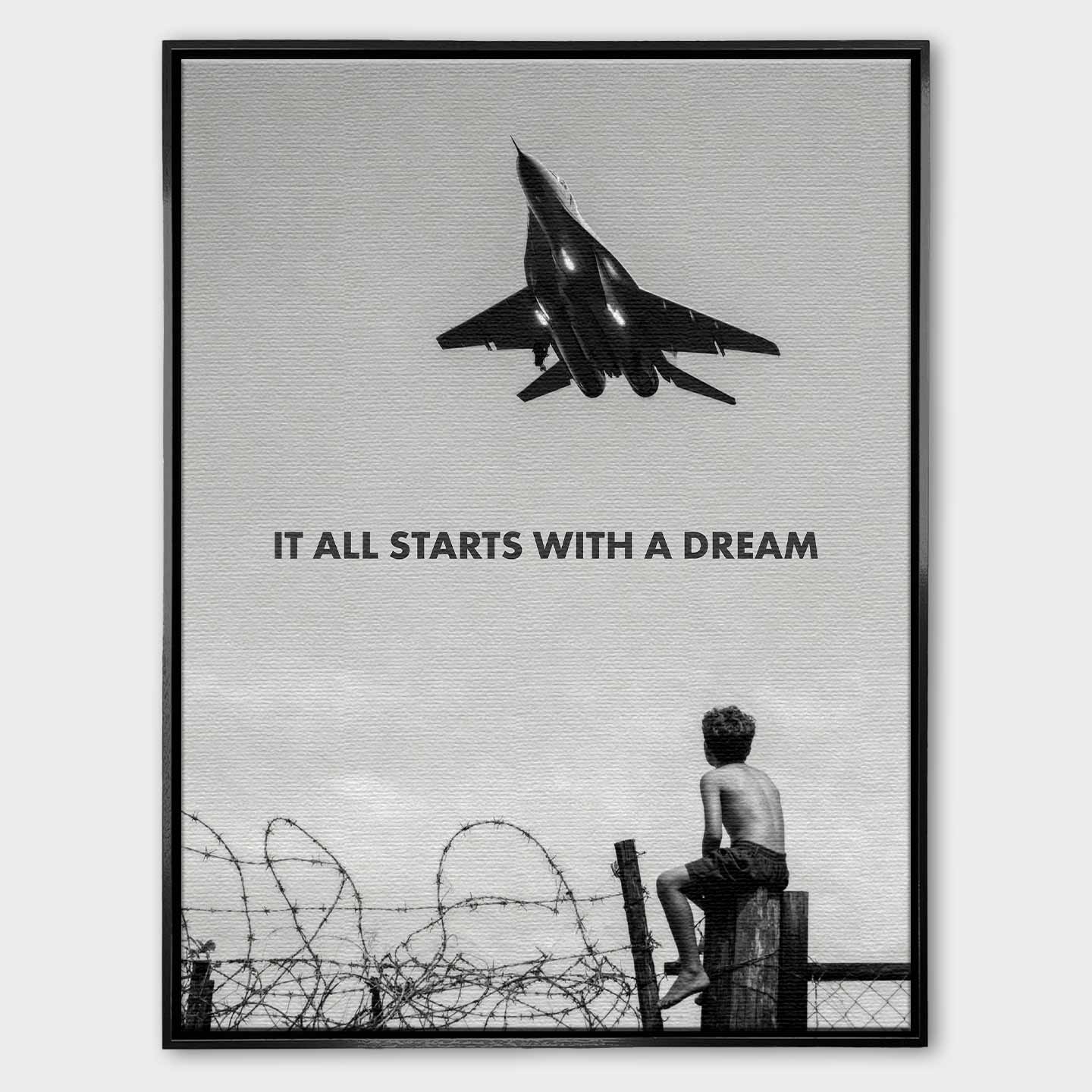 Motywacyjny obraz na płótnie It All Starts With a Dream przedstawiający chłopca patrzącego na samolot, symbolizujący początek marzeń i dążenie do sukcesu.