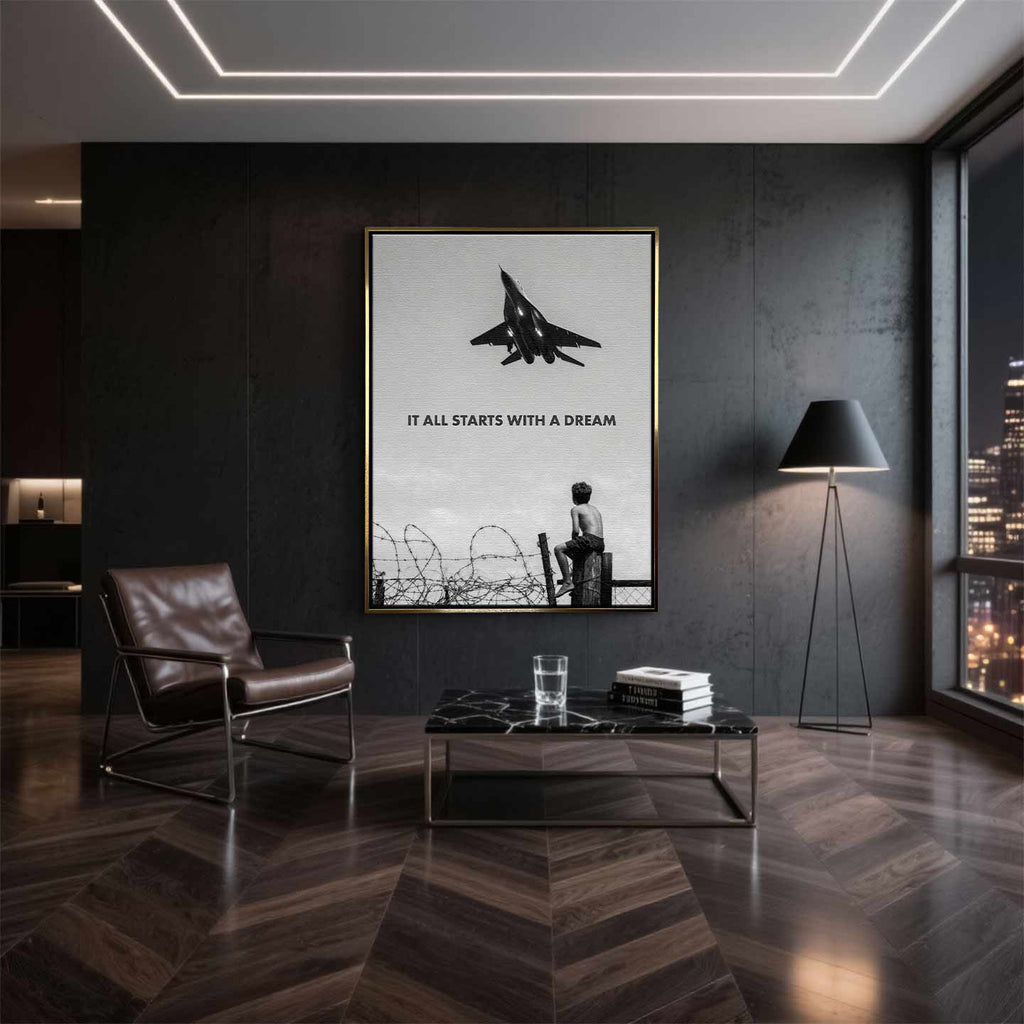 Motywacyjny obraz na płótnie It All Starts With a Dream przedstawiający chłopca patrzącego na samolot, symbolizujący początek marzeń i dążenie do sukcesu.